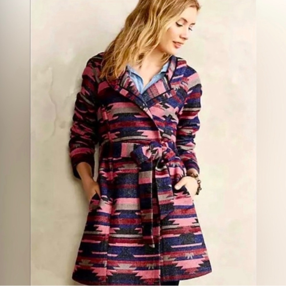 ANTHROPOLOGIE TABITHA | Leona Wrap Hooded Coat Aztec
Print Blue &‎ Pink Sz. XS